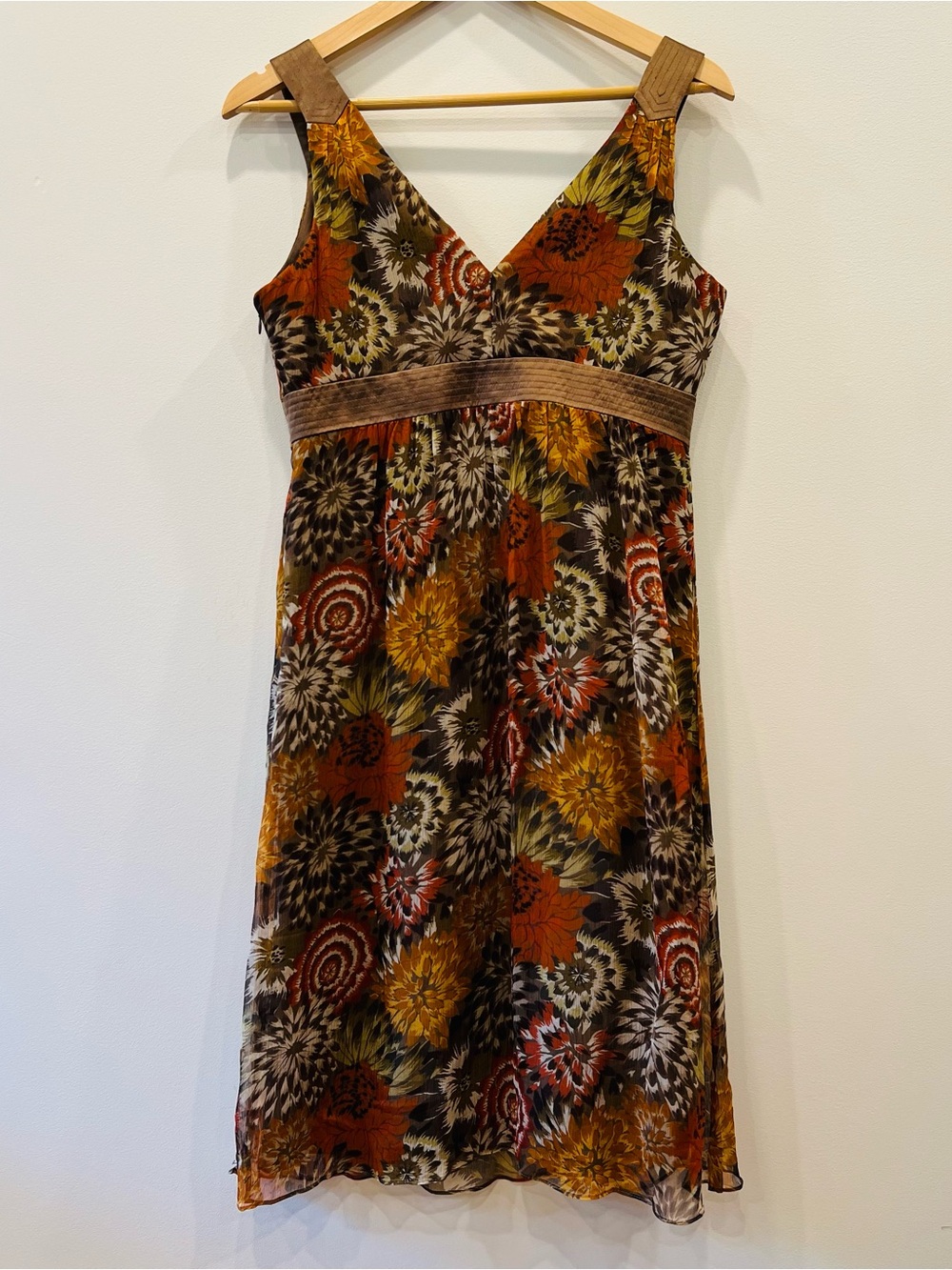 Laundry Shelli Segal Silk Chiffon Brown Empire Waist Dress Floral 8 Fairy Boho